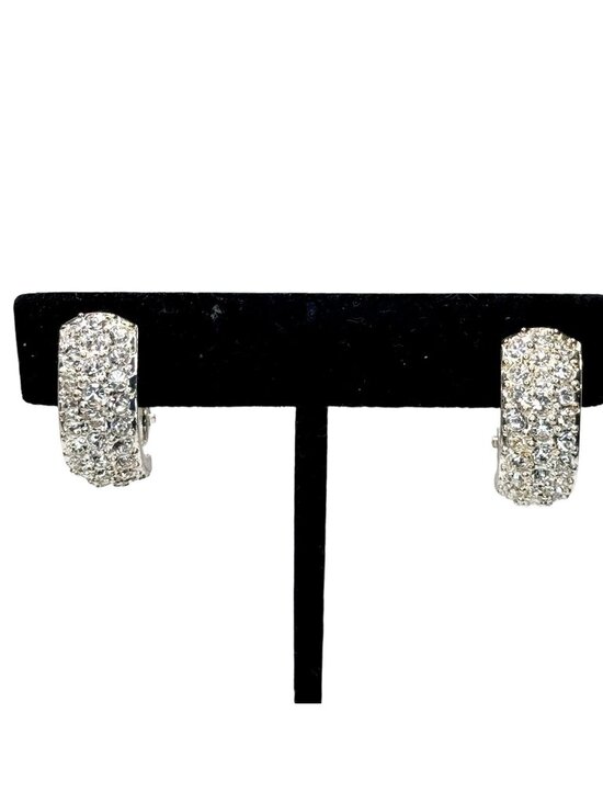 Roman Jewelry - Vintage Rhinestone Pave Clip On Earrings Huggie Silver Tone Signed Roman